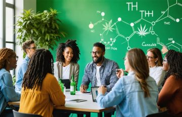 Diverse group of professionals participating in a career development workshop focusing on THCA, featuring elements of cannabis innovation and career growth in the background.