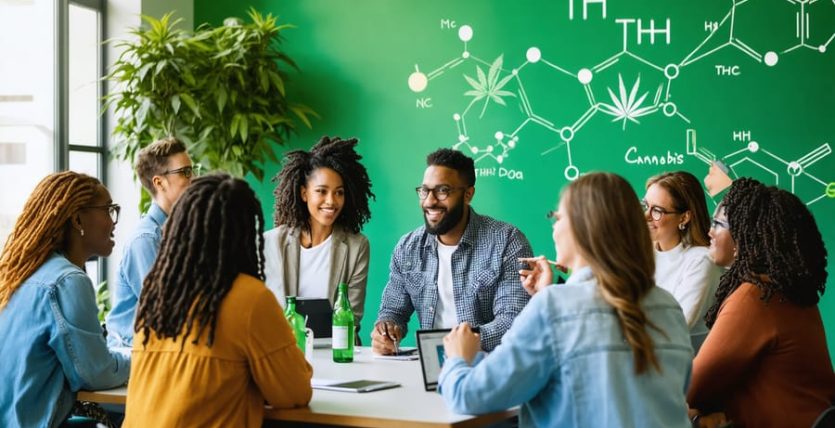 Diverse group of professionals participating in a career development workshop focusing on THCA, featuring elements of cannabis innovation and career growth in the background.